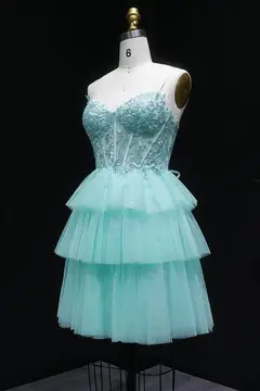 Mint Green Tiered Tulle Homecoming Dress with Lace Bodice — view 8