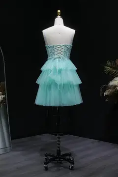 Mint Green Tiered Tulle Homecoming Dress with Lace Bodice — view 9