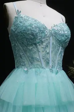 Mint Green Tiered Tulle Homecoming Dress with Lace Bodice — view 10