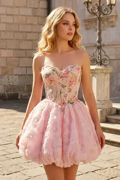 Blush Pink Sweetheart Floral Corset Homecoming Dress — view 1