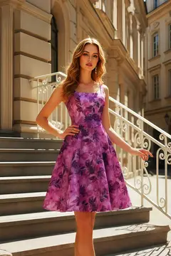Purple Magenta Floral Satin Fit-and-Flare Homecoming Dress — view 2