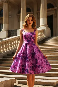 Purple Magenta Floral Satin Fit-and-Flare Homecoming Dress — view 4