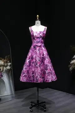 Purple Magenta Floral Satin Fit-and-Flare Homecoming Dress — view 5
