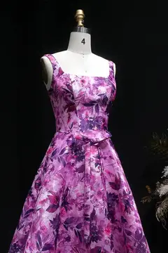 Purple Magenta Floral Satin Fit-and-Flare Homecoming Dress — view 6