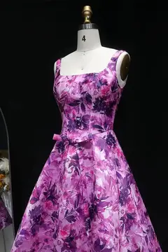 Purple Magenta Floral Satin Fit-and-Flare Homecoming Dress — view 7