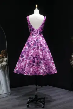 Purple Magenta Floral Satin Fit-and-Flare Homecoming Dress — view 10