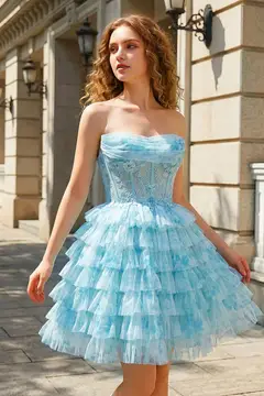 Aqua Strapless Tiered Tulle Homecoming Dress with Lace Corset Bodice — view 1
