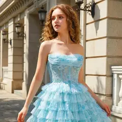 Aqua Strapless Tiered Tulle Homecoming Dress with Lace Corset Bodice — view 2