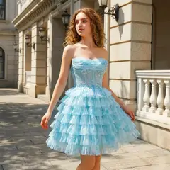 Aqua Strapless Tiered Tulle Homecoming Dress with Lace Corset Bodice — view 3