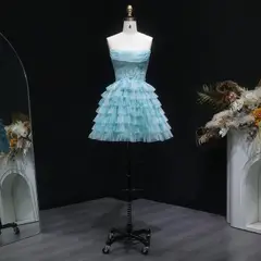 Aqua Strapless Tiered Tulle Homecoming Dress with Lace Corset Bodice — view 4