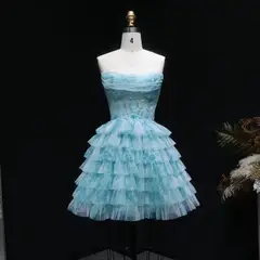 Aqua Strapless Tiered Tulle Homecoming Dress with Lace Corset Bodice — view 5