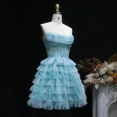 Aqua Strapless Tiered Tulle Homecoming Dress with Lace Corset Bodice — view 6