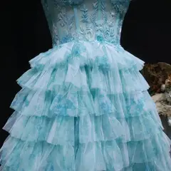 Aqua Strapless Tiered Tulle Homecoming Dress with Lace Corset Bodice — view 7