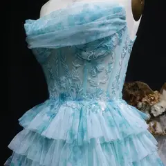 Aqua Strapless Tiered Tulle Homecoming Dress with Lace Corset Bodice — view 8