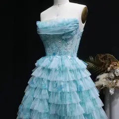 Aqua Strapless Tiered Tulle Homecoming Dress with Lace Corset Bodice — view 9