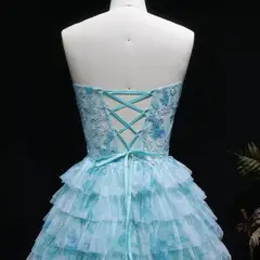 Aqua Strapless Tiered Tulle Homecoming Dress with Lace Corset Bodice — view 10