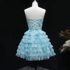 Aqua Strapless Tiered Tulle Homecoming Dress with Lace Corset Bodice — view 11