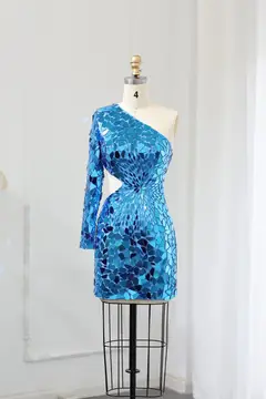 Iridescent Blue Sequin One-Shoulder Homecoming Dress — view 5
