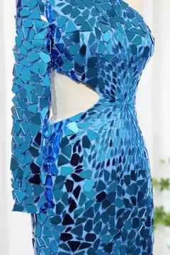 Iridescent Blue Sequin One-Shoulder Homecoming Dress — view 7