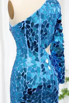 Iridescent Blue Sequin One-Shoulder Homecoming Dress — view 9