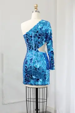 Iridescent Blue Sequin One-Shoulder Homecoming Dress — view 10
