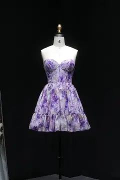 Lavender Lilac Watercolor Floral Strapless Mini Homecoming Dress — view 5