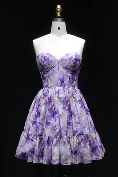 Lavender Lilac Watercolor Floral Strapless Mini Homecoming Dress — view 6