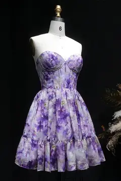 Lavender Lilac Watercolor Floral Strapless Mini Homecoming Dress — view 7