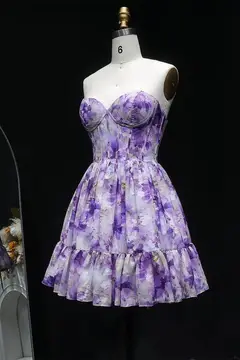 Lavender Lilac Watercolor Floral Strapless Mini Homecoming Dress — view 8