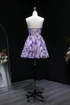Lavender Lilac Watercolor Floral Strapless Mini Homecoming Dress — view 10