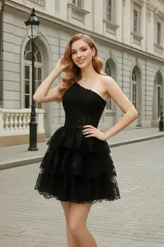 Black Sequin One-Shoulder Tiered Mini Homecoming Dress — view 1