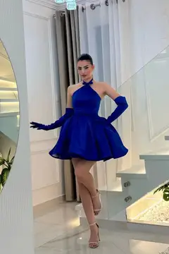 Minimal Royal Blue Satin Halter Mini Ballgown Homecoming Dress — view 1