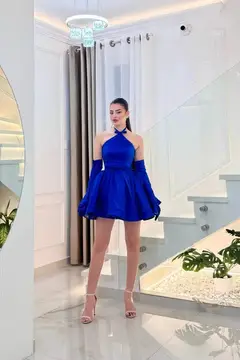 Minimal Royal Blue Satin Halter Mini Ballgown Homecoming Dress — view 4