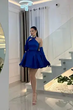 Minimal Royal Blue Satin Halter Mini Ballgown Homecoming Dress — view 5