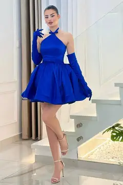 Minimal Royal Blue Satin Halter Mini Ballgown Homecoming Dress — view 6