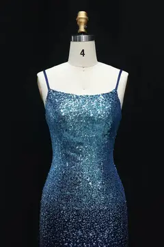 Ombre Blue Sequin Spaghetti Strap Scoop Homecoming Dress — view 6