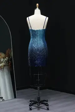 Ombre Blue Sequin Spaghetti Strap Scoop Homecoming Dress — view 9