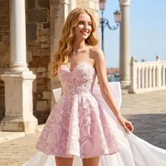 Light Blue Strapless Lace Short Prom Dress with Oversized Bow Train — view 4