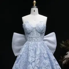 Light Blue Strapless Lace Short Prom Dress with Oversized Bow Train — view 6