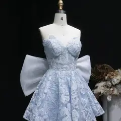 Light Blue Strapless Lace Short Prom Dress with Oversized Bow Train — view 7