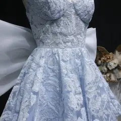 Light Blue Strapless Lace Short Prom Dress with Oversized Bow Train — view 8