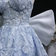 Light Blue Strapless Lace Short Prom Dress with Oversized Bow Train — view 10