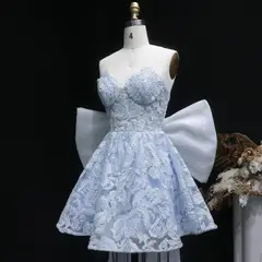 Light Blue Strapless Lace Short Prom Dress with Oversized Bow Train — view 11
