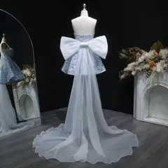 Light Blue Strapless Lace Short Prom Dress with Oversized Bow Train — view 12