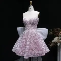 Light Blue Strapless Lace Short Prom Dress with Oversized Bow Train — view 16
