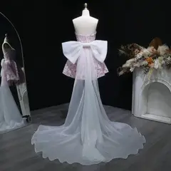 Light Blue Strapless Lace Short Prom Dress with Oversized Bow Train — view 19