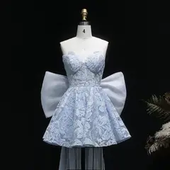 Light Blue Strapless Lace Short Prom Dress with Oversized Bow Train — view 20