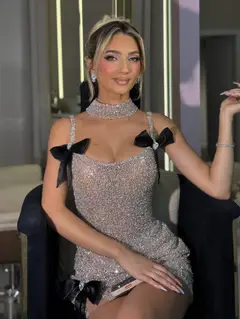 Silver Luxury Full Rhinestone Spaghetti Strap with Black Satin Bows Homecoming Dress — view 3