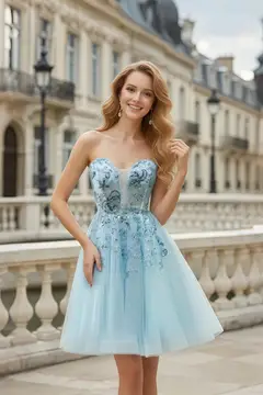 Light Blue Tulle Strapless Sweetheart Ballgown Homecoming Dress — view 1