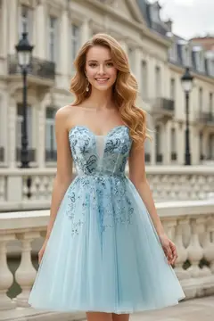 Light Blue Tulle Strapless Sweetheart Ballgown Homecoming Dress — view 2